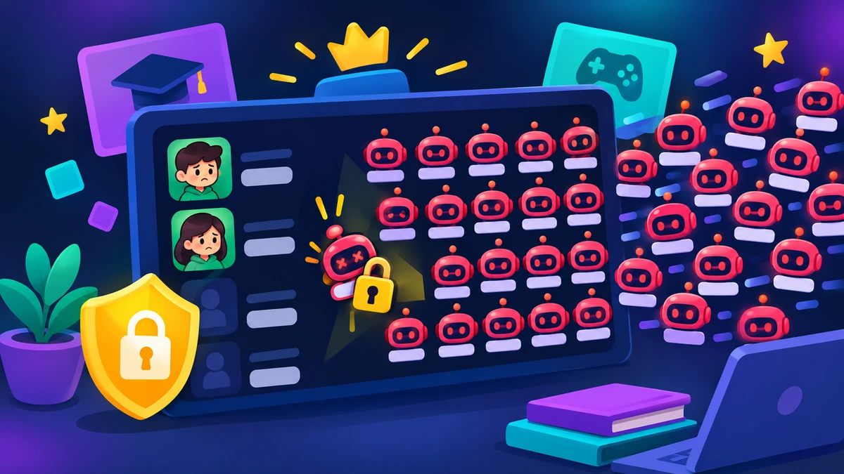 Illustration of a Blooket lobby flooded by dozens of robot player tags crowding out real players