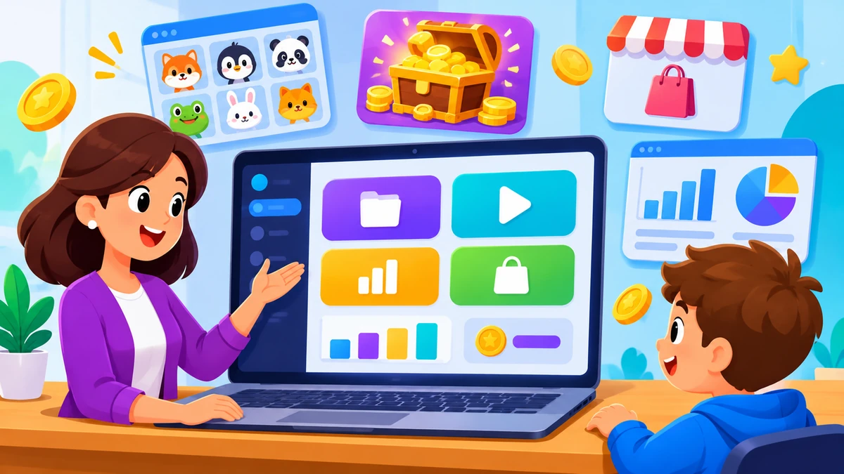 Teacher and student exploring the Blooket dashboard together — sets, hosting tools, tokens and the Market on one screen