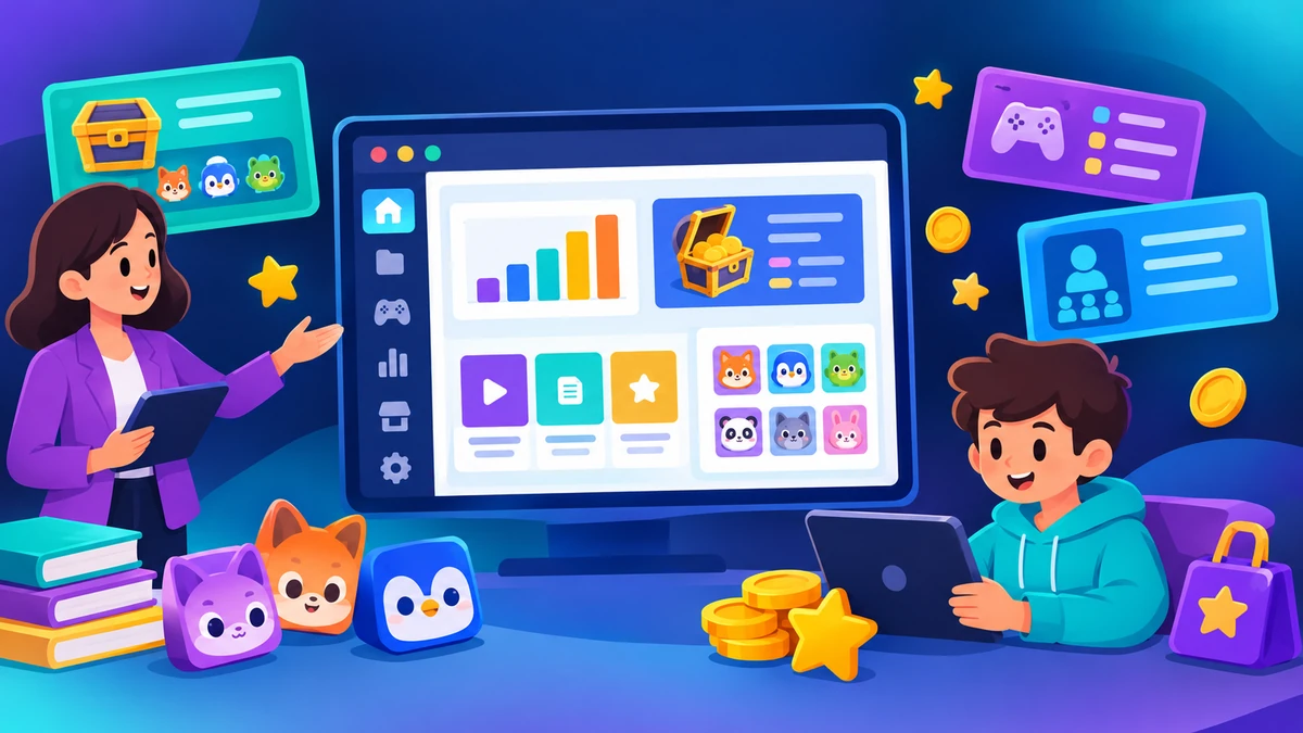 Two-panel illustration comparing the teacher Blooket dashboard with hosting tools and the student dashboard with tokens and collections