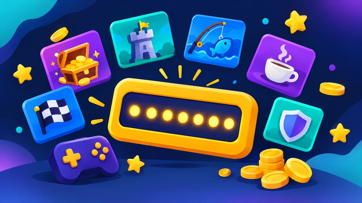 Collage of Blooket game mode themes — gold chests, crypto locks, towers, fishing, cafe and racing