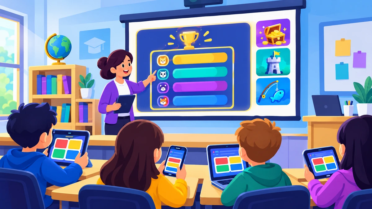 Teacher hosting a Blooket game on a projector while students join on phones and Chromebooks
