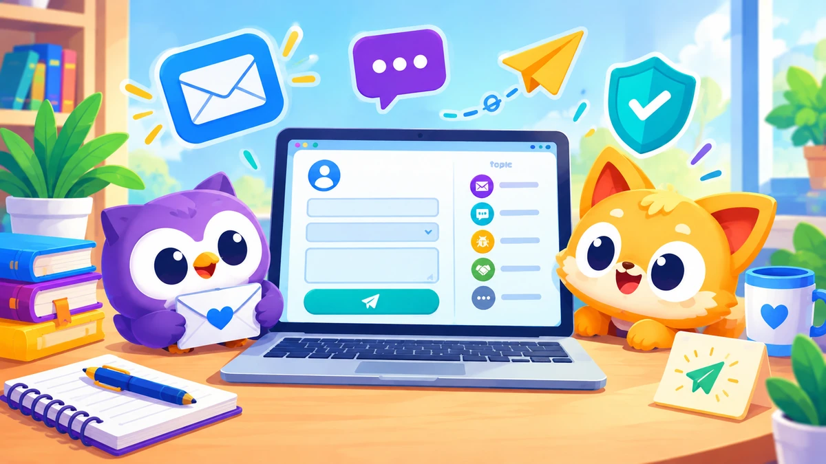 Two cute original mascots beside a laptop showing a contact form with topic options and a send button