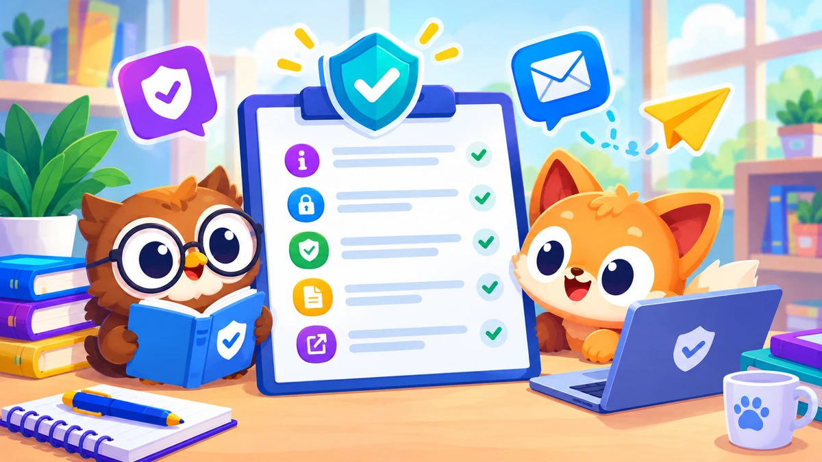 Cute original mascots reviewing a policy checklist with verified shield icons on a clipboard