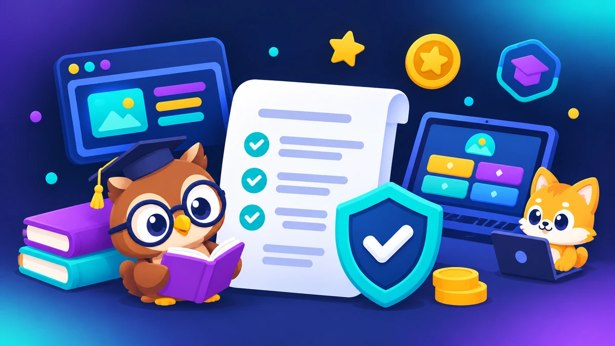 Graduate owl and fox mascots reviewing an agreed terms checklist with a shield, books and game screens